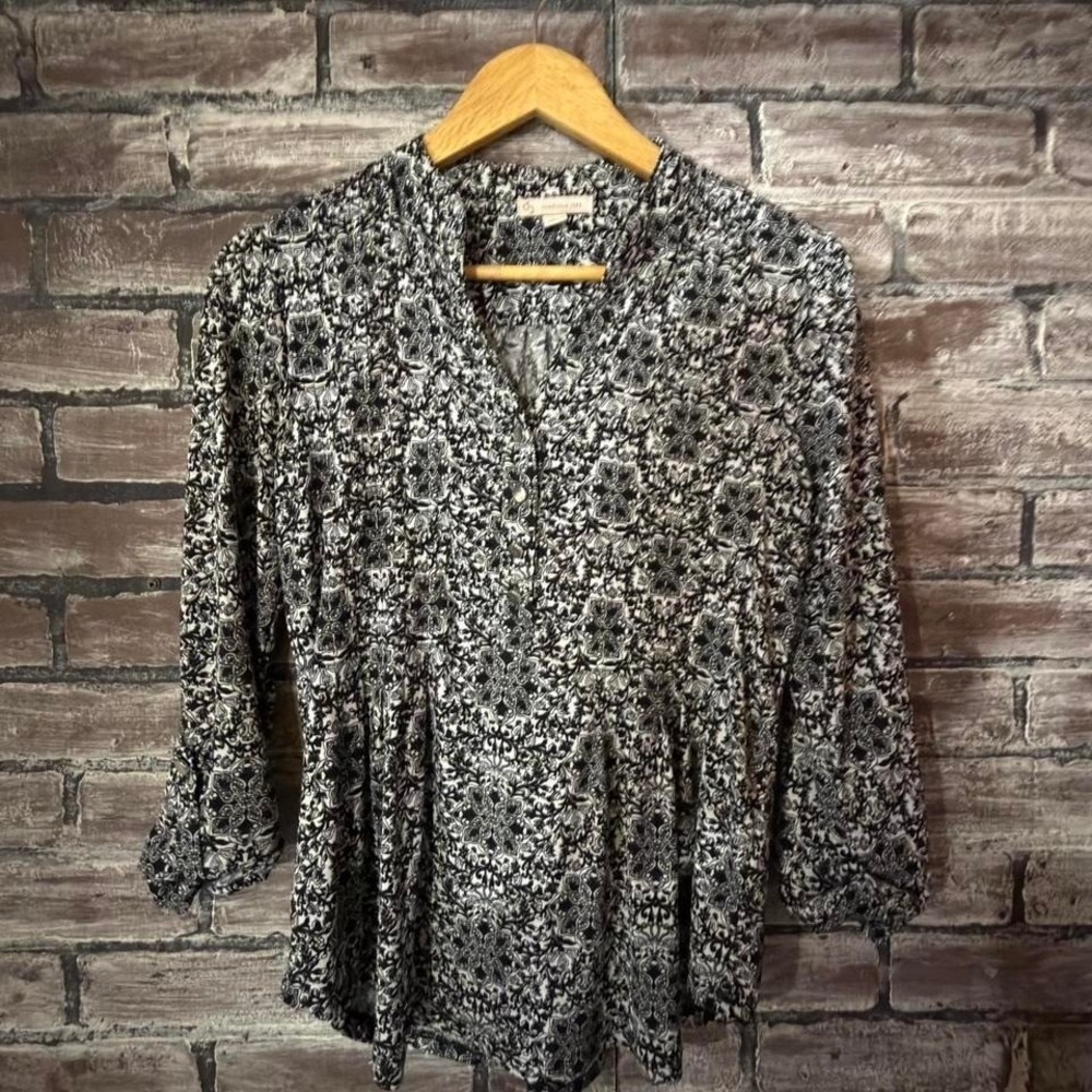 Db Blouse Women Small Black White Print 3/4 Sleeve Boho Top